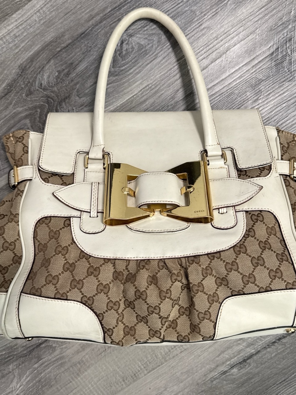 Gucci Beige GG Canvas & White Leather Tote with Gold Bow Buckle